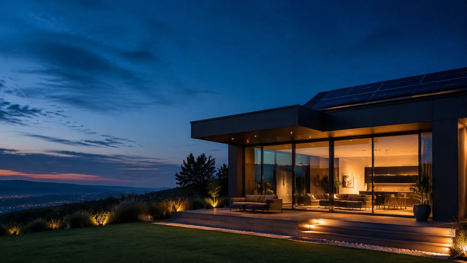 A modern energy-efficient home with large glazing and rooftop solar panels at dusk