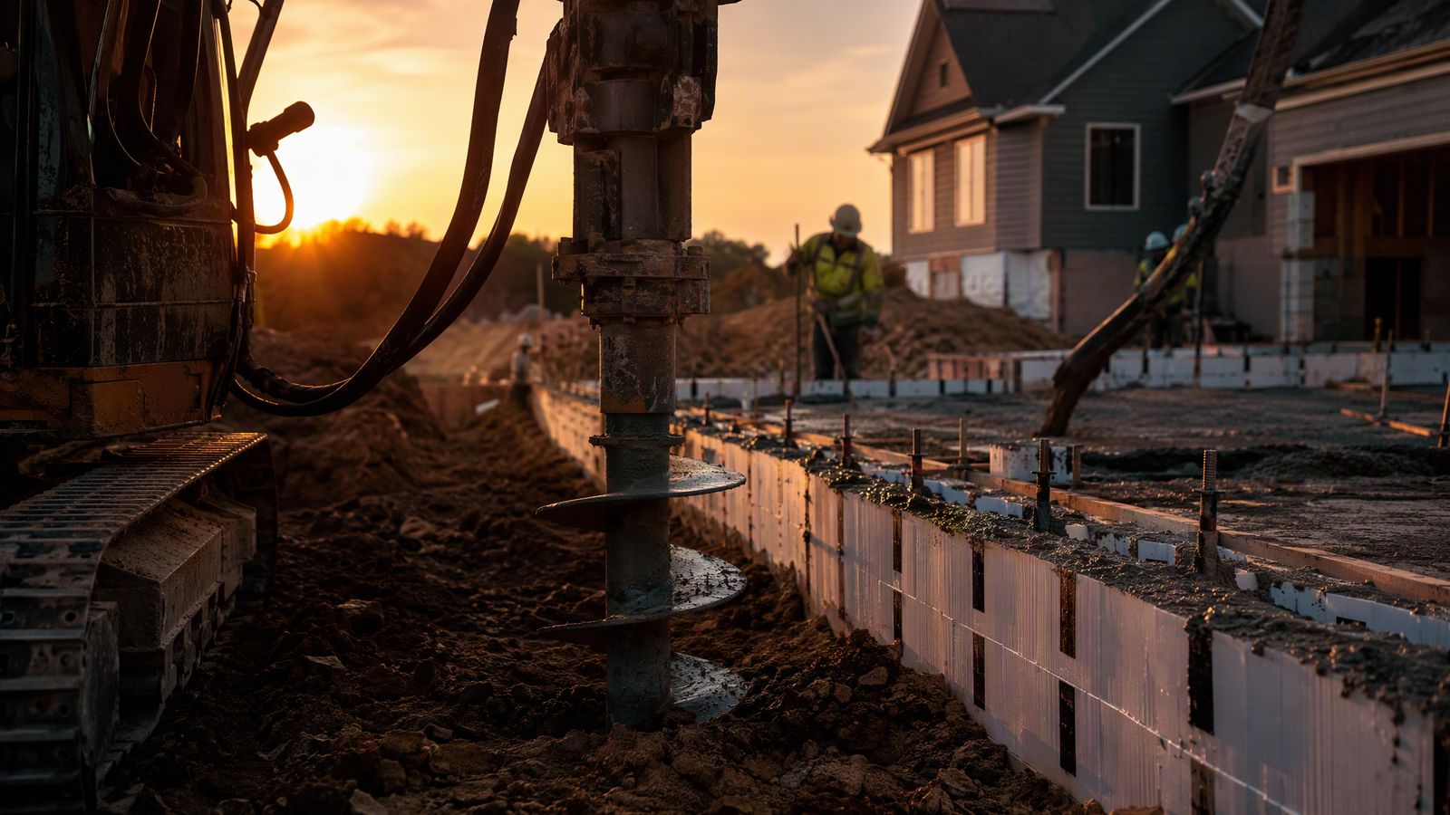 Helical screw pile being installed beside insulated concrete form walls at sunset
